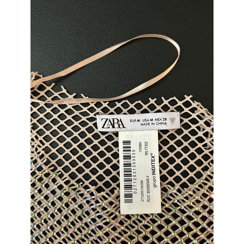 Zara Rhinestone Fishnet Top Long Sleeve Mesh Shimmer Nude Champagne M (1238) - Picture 2 of 8